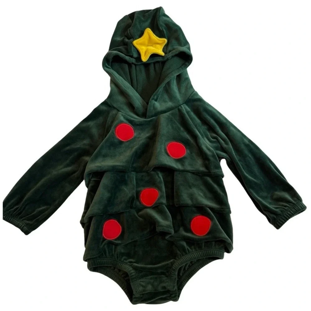 Old Navy Baby Christmas Tree Velour Hooded Bodysuit Green 18-24M Holiday Costume